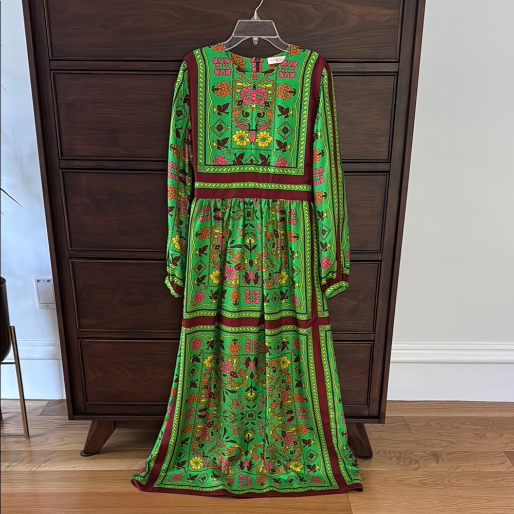 Tory Burch Green Bishop Sleeve Gown, 0